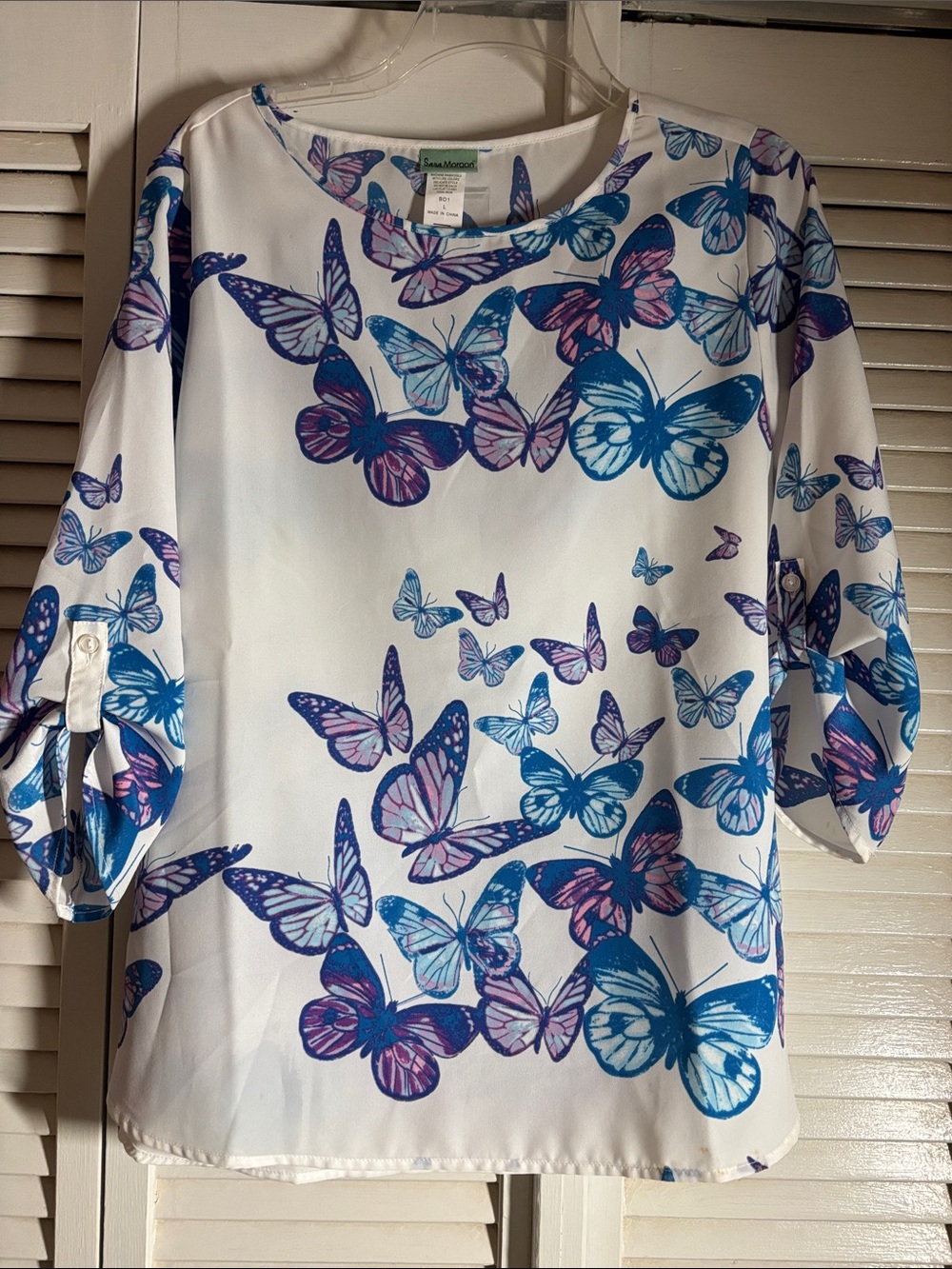 White Butterfly Print Blouse with Blue and Purple Accents